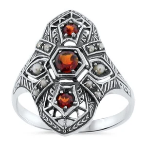 GENUINE GARNET F/W PEARL DECO ANTIQUE STYLE 925 STERLING SILVER RING #105 - Picture 1 of 4