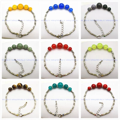 Neu Schmuck Tibet Silber Natürlich Mehrfarbig Edelstein Rund Perlen Armband 19cm - Bild 1 von 4