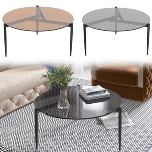 Grey & Tan Round Tempered Glass Coffee Table Sofa Side Table for Living Room - Picture 1 of 14