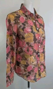 Vtg J CREW Perfect Shirt Watercolor Floral S Cotton Silk Art Classic Button Up - Picture 1 of 11