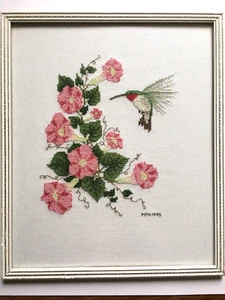 Vintage 1995 Flowers & Humming Bird Cross Stitch Finished Art Work - Framed - Picture 1 of 12