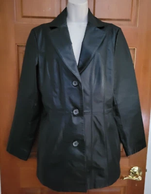 George женщин 3 кнопки черная кожаная куртка/пальто средний (8-10) средней длины - Изображение 1 из 4