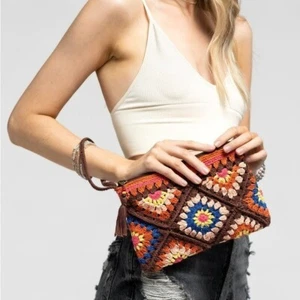 Boho Wristlet Crochet Pouch Zip Top Beaded Handmade Tassel Artisan Retro - Bild 1 von 13