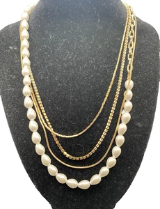Layered Gold Tone Faux Pearl Necklace 4 Strand CZ 15-18" +2.5" Drop Asymmetrical - Imagen 1 de 4