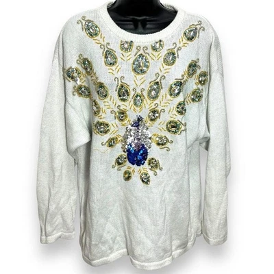Victoria Harbour Women's L Ivory Beaded Peacock Vintage Winter Sweater Pullover - Image 1 of 4