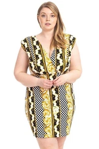 Abito BodyCon Scollo V Stampa Bordi Taglie Forti Multicolore Taglia 3X Nuovo - Foto 1 di 4