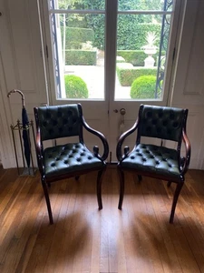 2 X Vintage Chesterfield Gainsborough Carver Chairs Leather Green Studded Desk - Picture 1 of 19