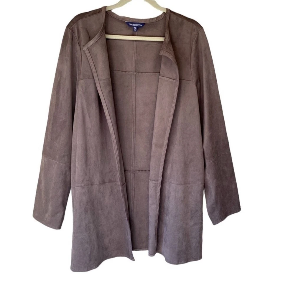 Travelsmith Gray Faux Suede Longline Open Front Cardigan Sz XL - Image 1 of 4