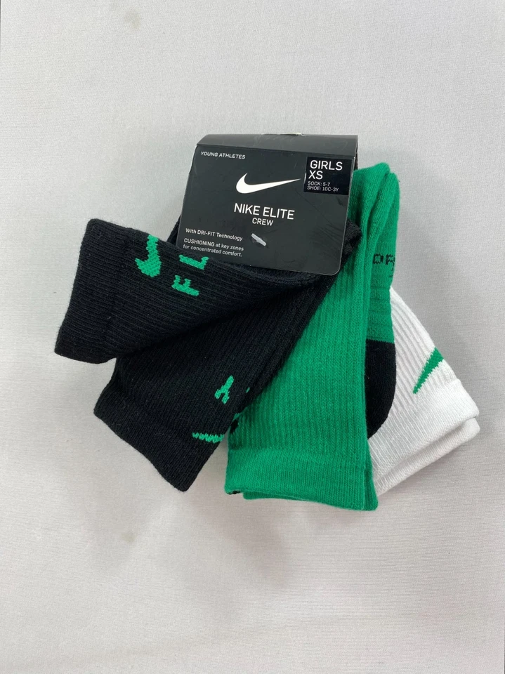 Meias Nike Elite Girl's XS (5-7) com logotipo acolchoado Dri Fit pacote com 3 sapatos tamanho 10C-3Y - Imagem 1 de 4