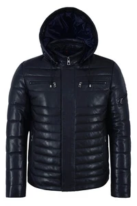 Men's Puffer Hooded Leather Sport Jacket Navy 100% Lambskin Fully Quilted 2006 - Picture 1 of 6