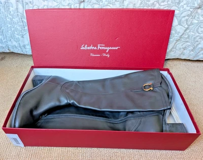 AUTHENTIC NEW SALVATORE FERRAGAMO FERSEA BLACK RIDING BOOTS US 11 B SIDE ZIPPER - Image 1 of 4