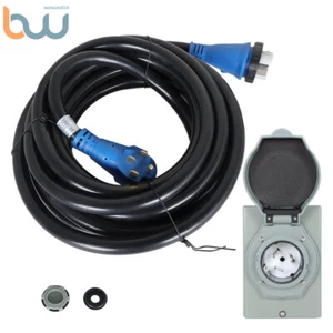 RV Extension Black Cord Blue Plug And 50A 30FT Power Input Box with Lock - Picture 1 of 12
