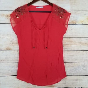 Maurices Womens Top Size M Pinkish Orange Short Beaded Sequin Sleeve V-Neck - Picture 1 of 8