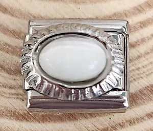 Ciondolo Italiano Pietra Ovale Bianco Ovale Argento 9mm Bracciale Maglia Regalo - Foto 1 di 2