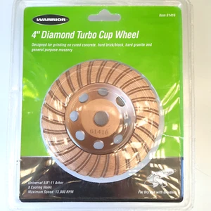 Warrior 4" Diamond Turbo Cup Wheel Universal 5/8"-11 Arbor 13,000 rpm B1 - Picture 1 of 3