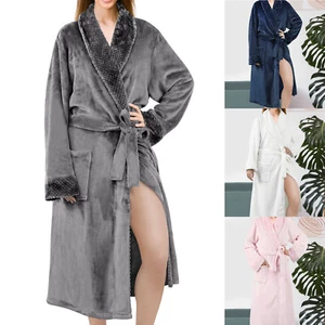Womens Mens Flannel Fleece Soft Long Bath Robe Bathrobe Dressing Gown Sleepwear - Picture 1 of 15