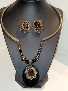 Vintage African style Brass Amber rock  Bead Necklace & earrings set - Picture 1 of 9