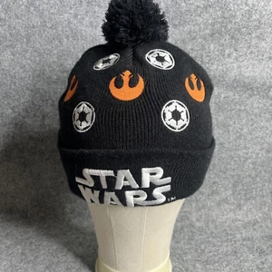 Star Wars Embroidered Designs Logo Knit  Toboggan Black Pom Beanie Hat - Picture 1 of 9