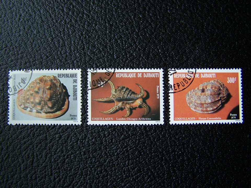 DJIBOUTY SEA WORLD STAMPS 1979 YEAR COMPLETE SET, SCOTT # 506-508. USED, OG. - Image 1 of 1