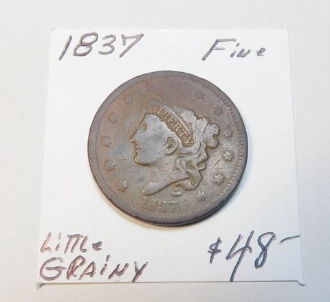 1837 EARLY LARGE CENT PRE-CIVIL WAR FINE LITTLE GRAINY ORIGINAL, NEVER CLEANED Cover