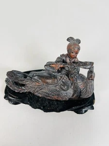 Elegant Antique Carved Chinese Woman W/Custom Wooden Base Soapstone Statue - Picture 1 of 15