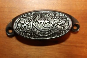 Antique Victorian Cast Iron Detailed Bin Apothecary Cupboard Drawer Pull L-1 - Picture 1 of 8