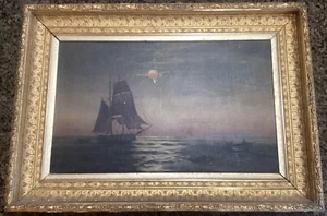 Antique Oil Painting Nautical Seascape Ships at Moonlight Tonalist Tyler School - Picture 1 of 15