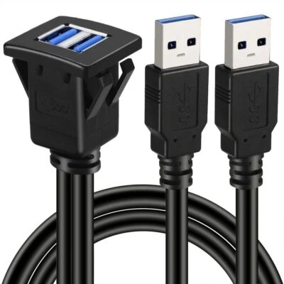 6FT Dual Ports Square USB 3.0 Panel Flush Mount Extension Cable With Buckle  - Image 1 of 4
