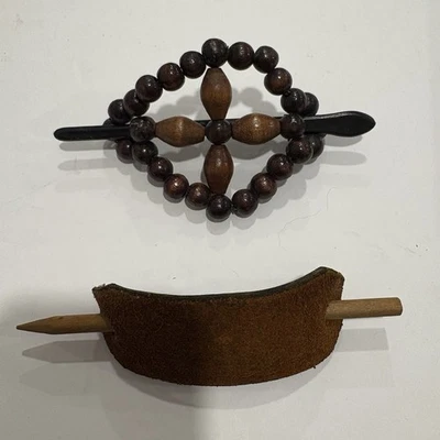 Vintage Ponytail Bun Holder Barrette Stick Wood Beads Plastic Leather Lot of 2 - Image 1 of 4
