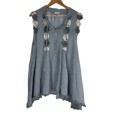 Blusa Ryu Feminina Tamanho XL Azul Claro Sem Mangas Algodão Crochê Botão Frontal Boho - Imagem 1 de 4