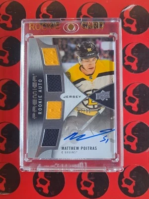 2023-24 Matthew Poitras Premier /99 Rookie Patch Auto PRA-MP Boston Bruins RC UD - Image 1 of 2