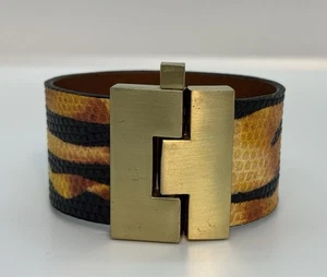 Leighelena Genuine Exotic Lizard Skin on Leather Bracelet Jigsaw Cuff - Picture 1 of 9