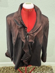 Samuel Dong Blouse Jacket Women's Burgundy Brown Wired Ruffle Zip Up Taffeta Xlg - Picture 1 of 6