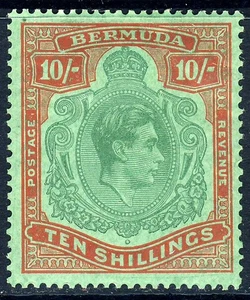 BERMUDA King George VI 1939 10/- Blue-Green & Deep Red on Green P14 SG 119a MINT - Picture 1 of 2