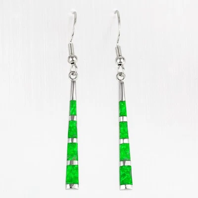 Camber Surface Stick Kiwi Green Fire Opal Silver Jewelry Dangle Drop Earrings - Image 1 of 4