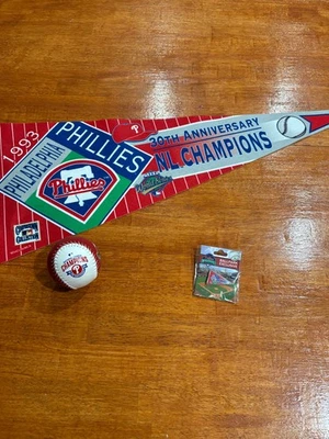 3 Items of 1993 Phillies N.L. Champs 30th Anniversary  Gear : Ball, Pin,Pennant - Image 1 of 4