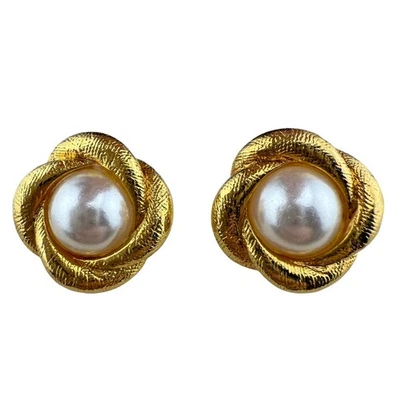 Gold Tone Clip On Earrings Faux Pearl Twisted Design Classic Elegant - Image 1 of 4