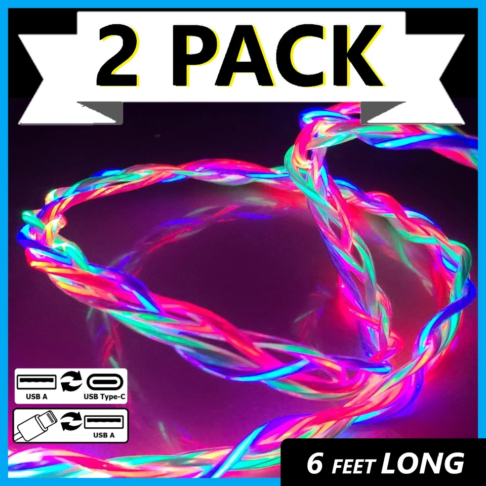 LED 2 Pack 6ft 8 Pin Fast Charger USB C Cable For Apple iPhone Samsung Galaxy - Image 1 of 4