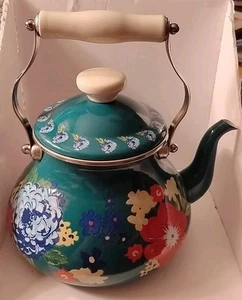 The Pioneer Woman "DAHLIAS" Enamel on Steel 2 Quart Tea Kettle, Teal/Blue - Picture 1 of 11