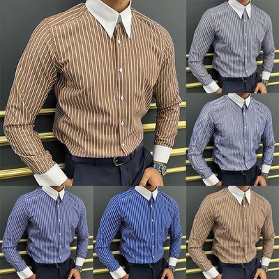 Men Long Sleeve Buttoned Shirt Turn Down Collar Patchwork Vintage Striped - Image 1 of 4