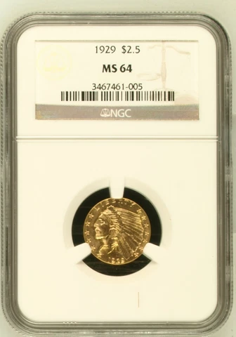 1929 $2.50 Indian Head Gold Quarter Eagle  - NGC MS64 Cover