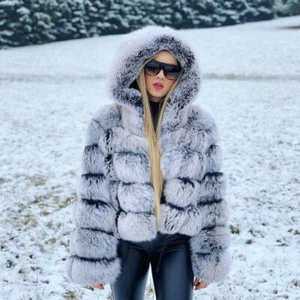 Mode Frauen Natur Fuchspelz Kapuze Kurzmantel Echtfell Dicke Jacken Oberbekleidung - Bild 1 von 6