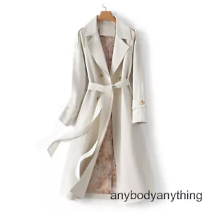 Womens Lapel Collar Mid Long Trench Coat Overcoat Double Breasted Spring Belt Sz - Picture 1 of 29