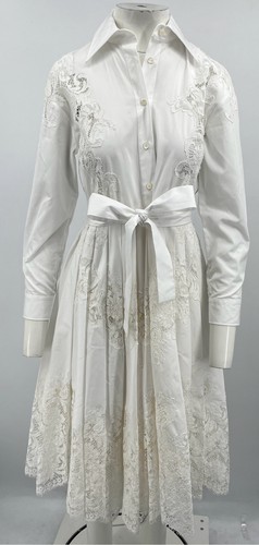 Abito camicia midi Prada ALTERED bianco pizzo accento manica lunga con cintura tg M