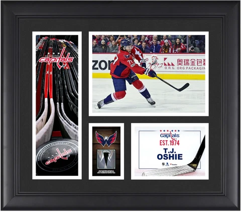 T.J. Oshie Washington Capitals Framed 15x17 Collage w/a Piece of GU Puck Cover
