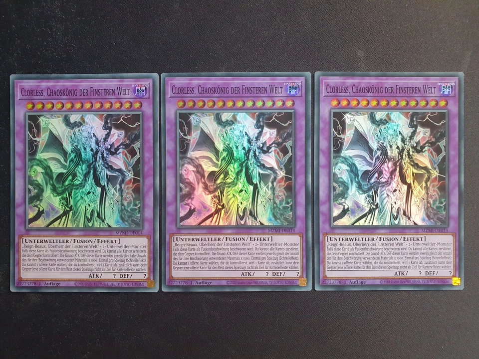 3x Yu-Gi-Oh! MZMI-DE014 Clorless Chaoskönig der Finsteren Welt SR NM 1st Ed - Bild 1 von 1