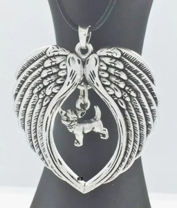 Silver Chihuahua Dog Lovers Angel Wings Memory Leather Necklace - Picture 1 of 4