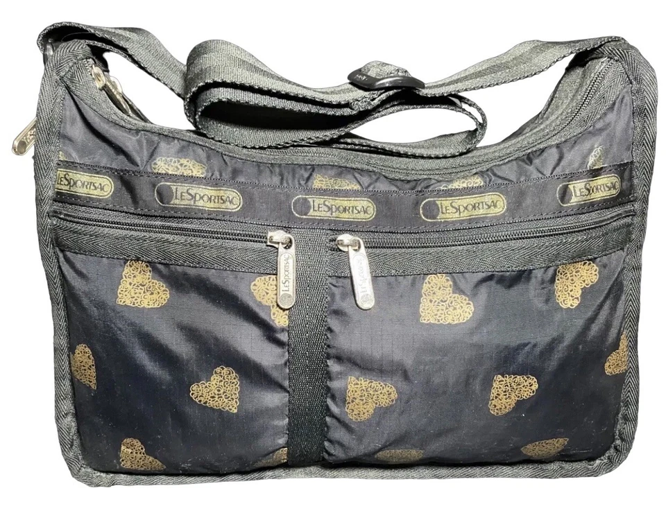 Bolso Bandolera Lesportsac Corazón Negro Dorado Everyday Deluxe Negro Cartera Ampliable Foto 1 de 4