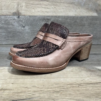 Steven Collins FREEBIRD Mules 女式 9 裸色/黑色皮革蛇纹印花高跟鞋 — 第 1/4 张图片