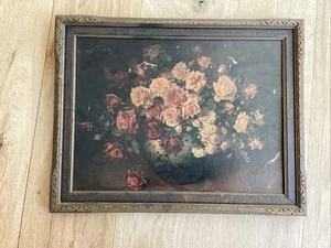 VINTAGE ÖLGEMÄLDE ROSEN BLUMENSTILLLEBEN VOLKSKUNST LAND HOLZRAHMEN ALT - Bild 1 von 7